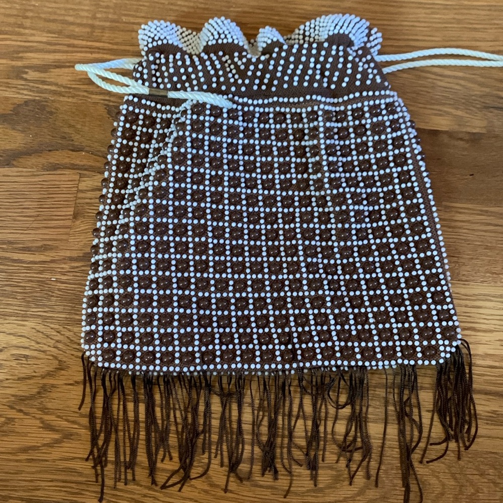 Vintage Brown and White Beaded Draw String Purse with Fringe